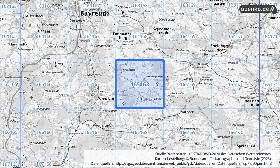 Übersichtskarte des KOSTRA-DWD-2020-Rasterfeldes Nr. 165168