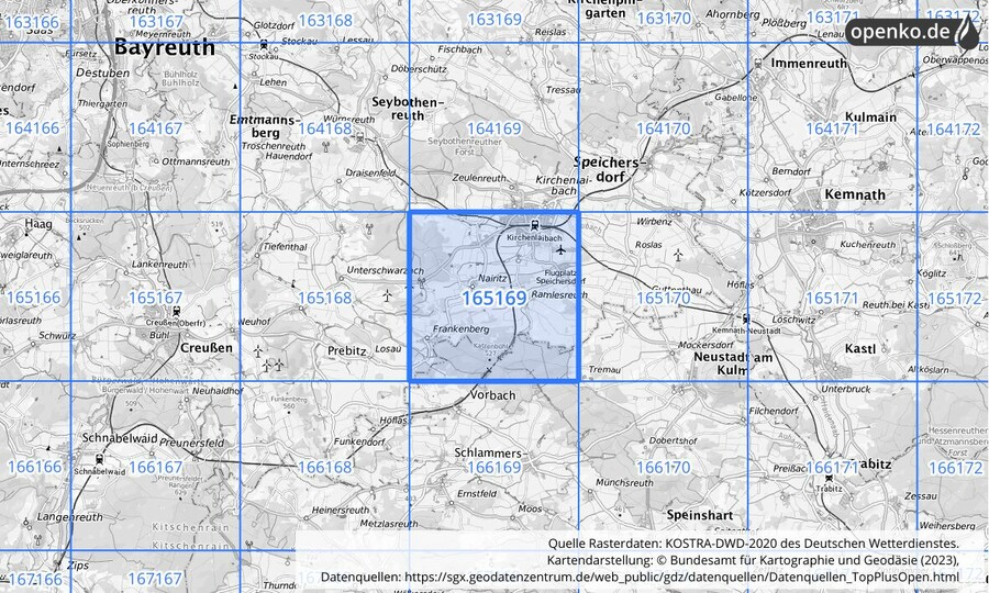 Übersichtskarte des KOSTRA-DWD-2020-Rasterfeldes Nr. 165169