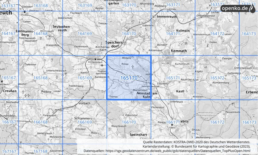 Übersichtskarte des KOSTRA-DWD-2020-Rasterfeldes Nr. 165170