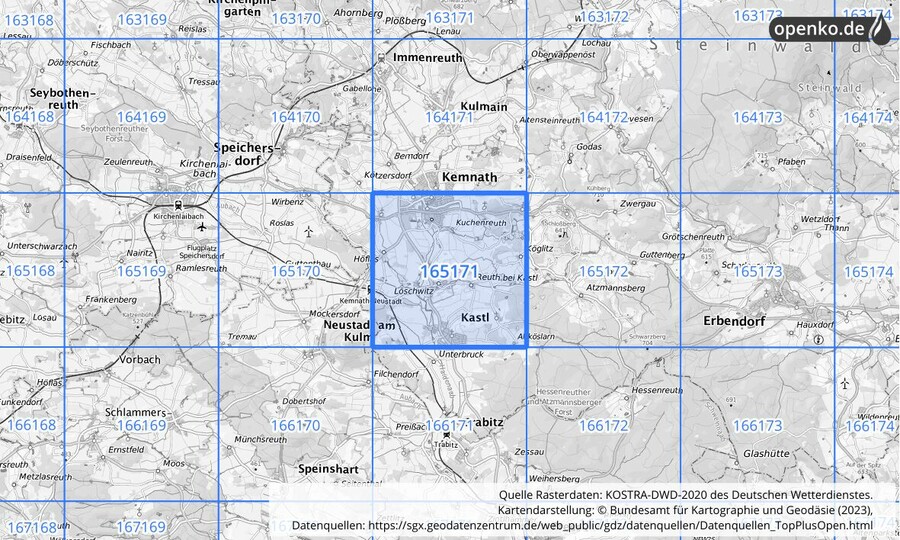 Übersichtskarte des KOSTRA-DWD-2020-Rasterfeldes Nr. 165171