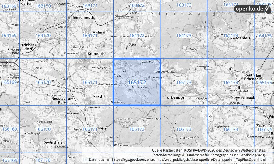 Übersichtskarte des KOSTRA-DWD-2020-Rasterfeldes Nr. 165172