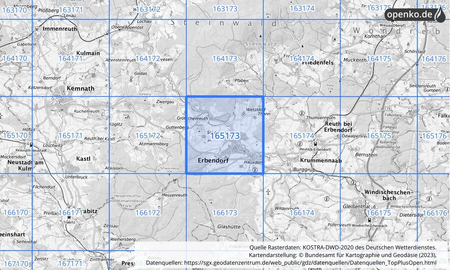 Übersichtskarte des KOSTRA-DWD-2020-Rasterfeldes Nr. 165173