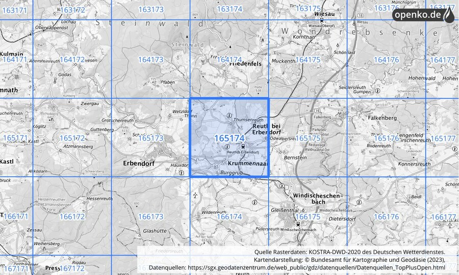 Übersichtskarte des KOSTRA-DWD-2020-Rasterfeldes Nr. 165174