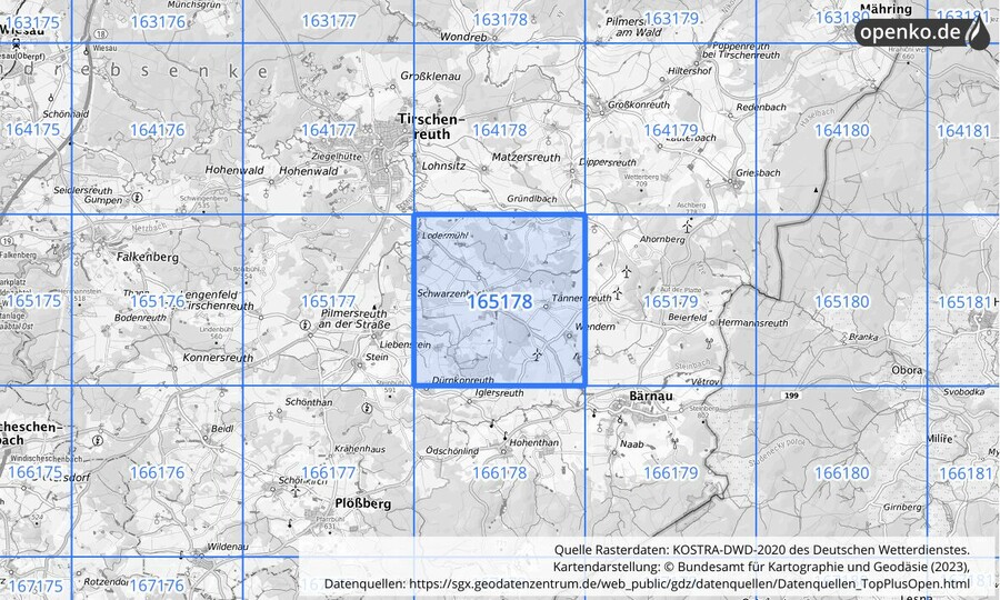 Übersichtskarte des KOSTRA-DWD-2020-Rasterfeldes Nr. 165178