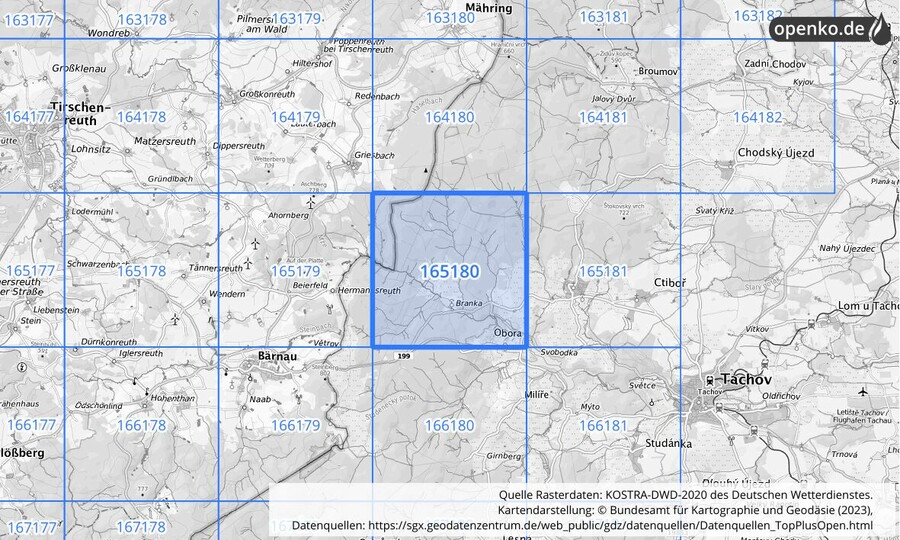 Übersichtskarte des KOSTRA-DWD-2020-Rasterfeldes Nr. 165180