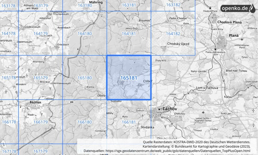 Übersichtskarte des KOSTRA-DWD-2020-Rasterfeldes Nr. 165181