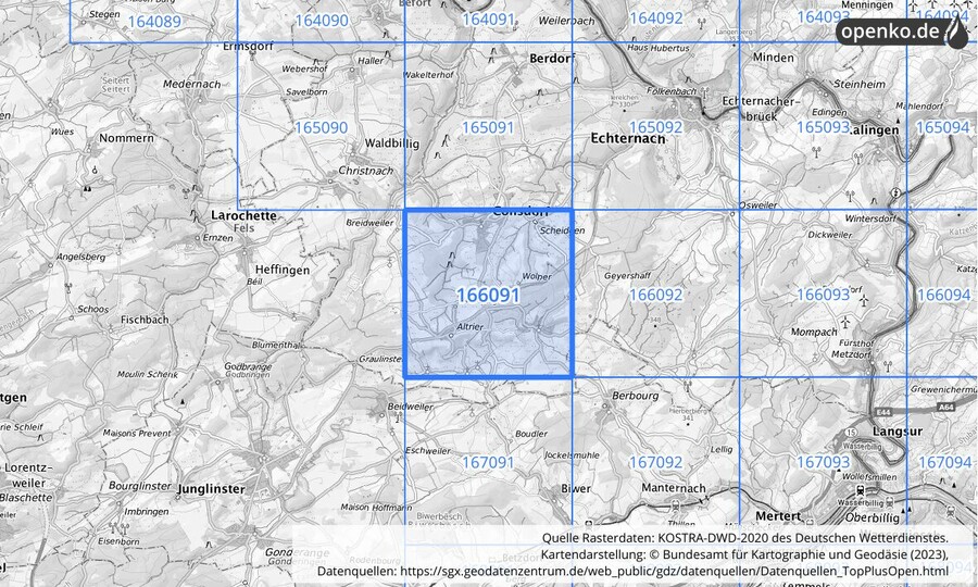 Übersichtskarte des KOSTRA-DWD-2020-Rasterfeldes Nr. 166091