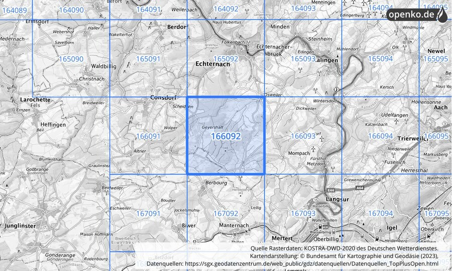 Übersichtskarte des KOSTRA-DWD-2020-Rasterfeldes Nr. 166092