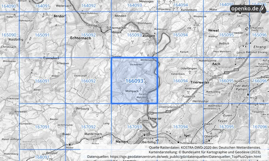 Übersichtskarte des KOSTRA-DWD-2020-Rasterfeldes Nr. 166093