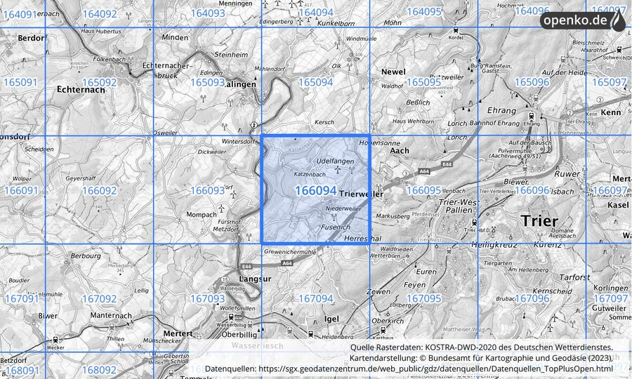 Übersichtskarte des KOSTRA-DWD-2020-Rasterfeldes Nr. 166094