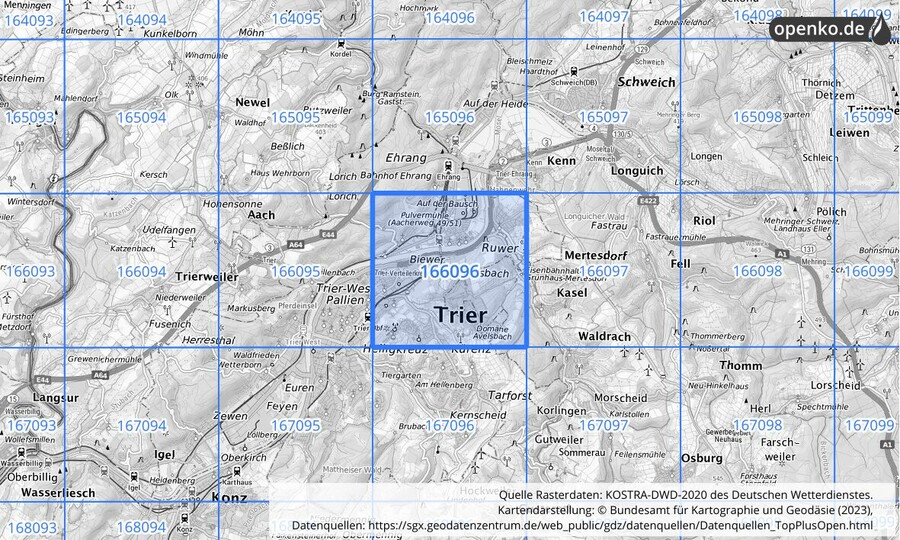 Übersichtskarte des KOSTRA-DWD-2020-Rasterfeldes Nr. 166096