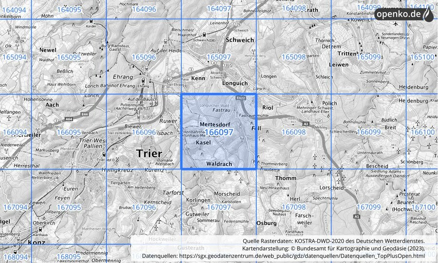 Übersichtskarte des KOSTRA-DWD-2020-Rasterfeldes Nr. 166097