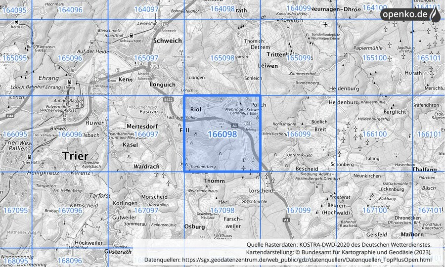 Übersichtskarte des KOSTRA-DWD-2020-Rasterfeldes Nr. 166098