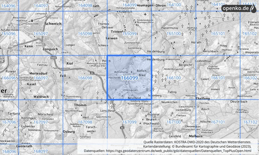 Übersichtskarte des KOSTRA-DWD-2020-Rasterfeldes Nr. 166099