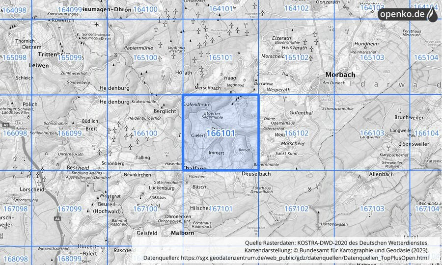 Übersichtskarte des KOSTRA-DWD-2020-Rasterfeldes Nr. 166101
