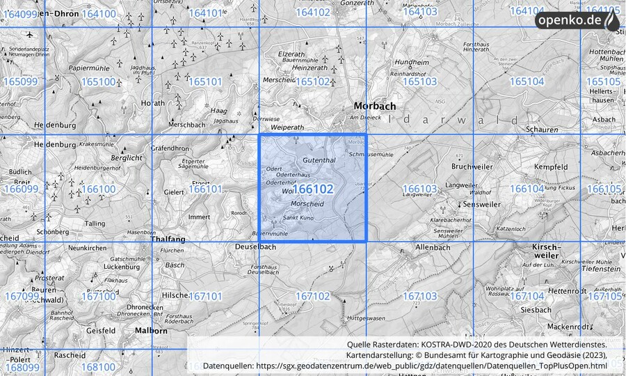 Übersichtskarte des KOSTRA-DWD-2020-Rasterfeldes Nr. 166102