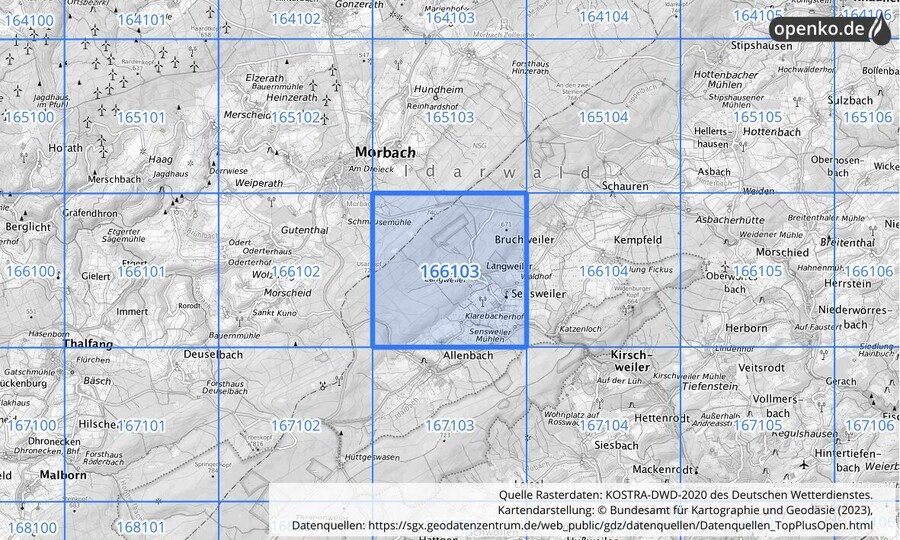 Übersichtskarte des KOSTRA-DWD-2020-Rasterfeldes Nr. 166103