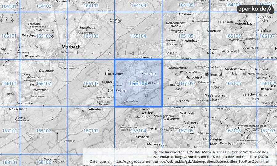 Übersichtskarte des KOSTRA-DWD-2020-Rasterfeldes Nr. 166104
