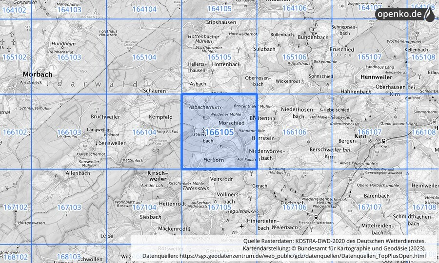 Übersichtskarte des KOSTRA-DWD-2020-Rasterfeldes Nr. 166105