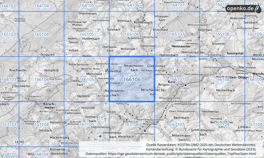 Übersichtskarte des KOSTRA-DWD-2020-Rasterfeldes Nr. 166106