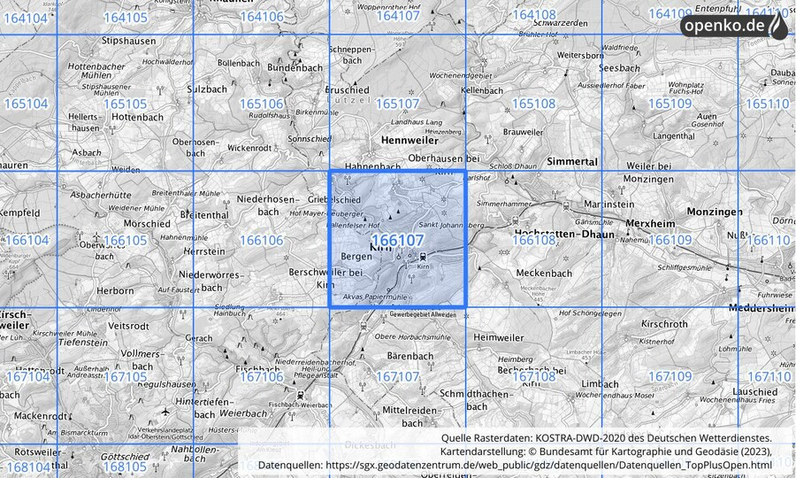 Übersichtskarte des KOSTRA-DWD-2020-Rasterfeldes Nr. 166107