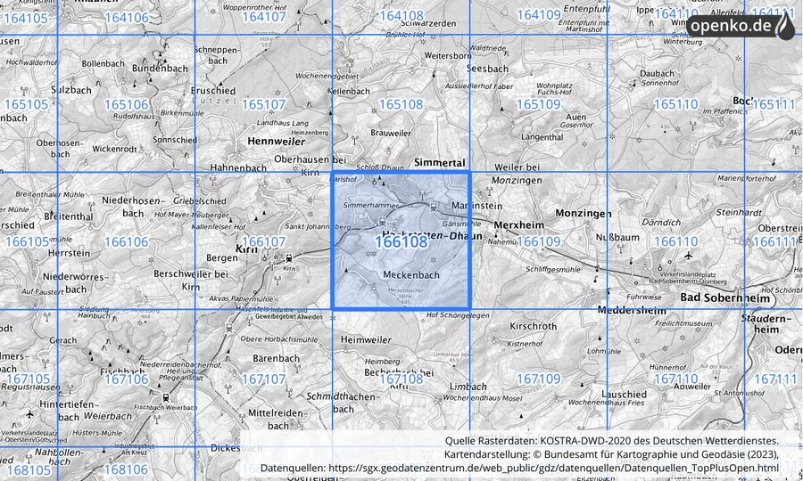 Übersichtskarte des KOSTRA-DWD-2020-Rasterfeldes Nr. 166108