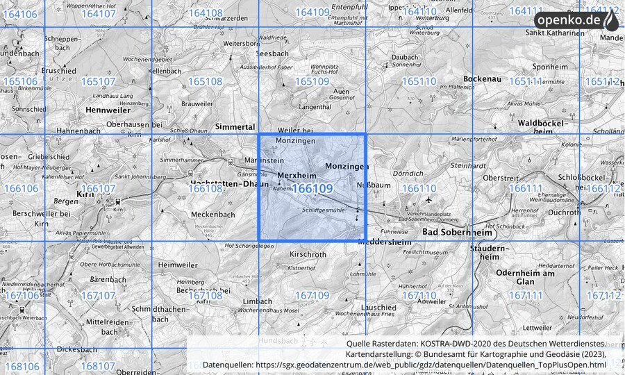 Übersichtskarte des KOSTRA-DWD-2020-Rasterfeldes Nr. 166109