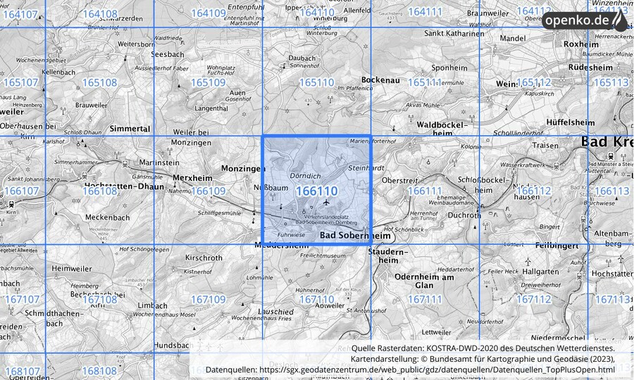 Übersichtskarte des KOSTRA-DWD-2020-Rasterfeldes Nr. 166110
