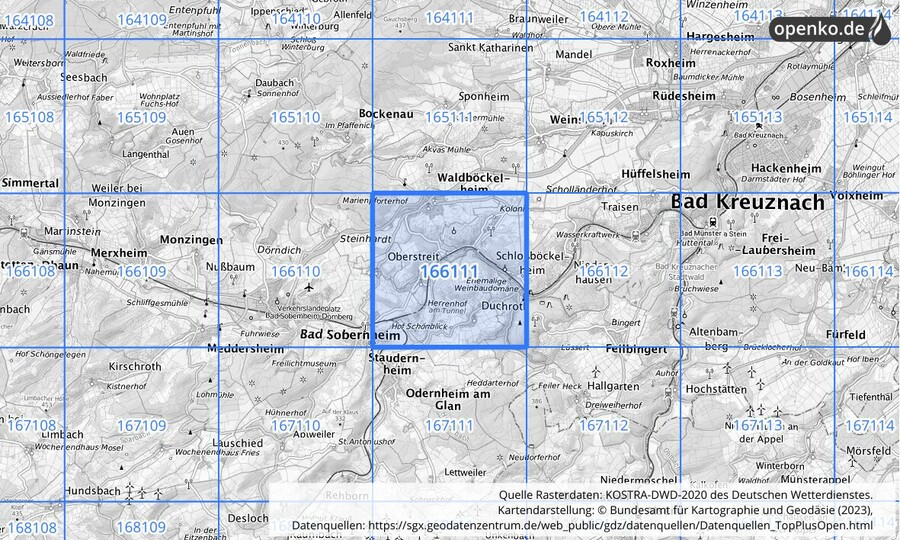 Übersichtskarte des KOSTRA-DWD-2020-Rasterfeldes Nr. 166111