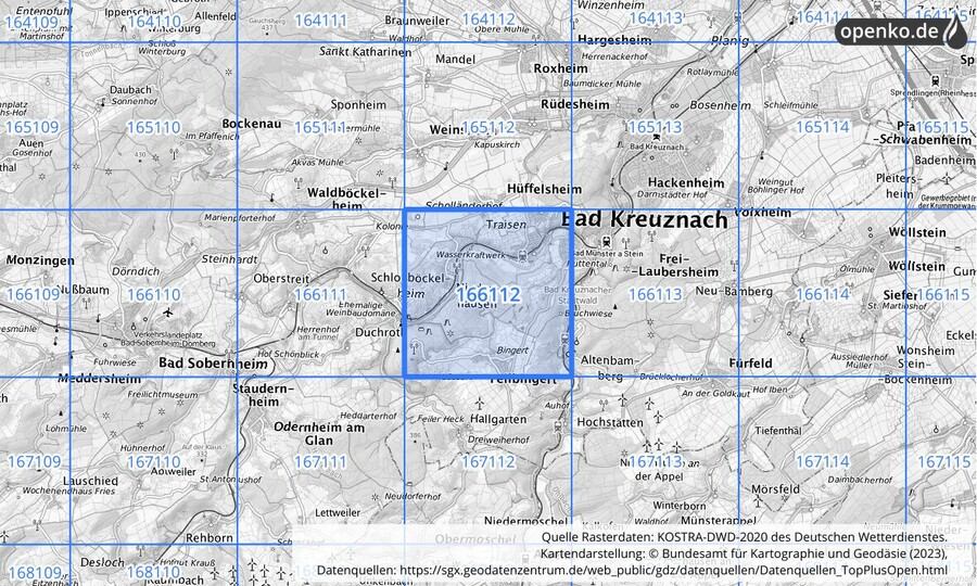 Übersichtskarte des KOSTRA-DWD-2020-Rasterfeldes Nr. 166112