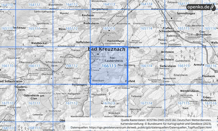 Übersichtskarte des KOSTRA-DWD-2020-Rasterfeldes Nr. 166113