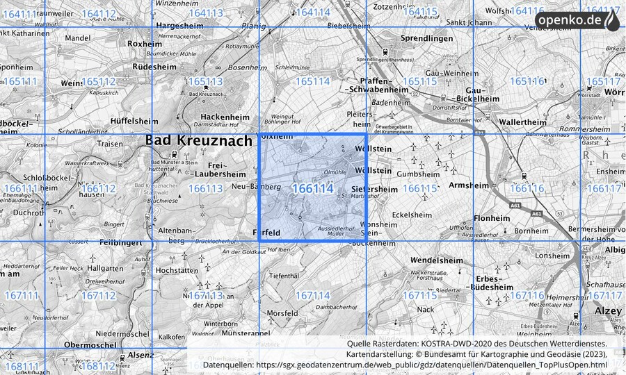 Übersichtskarte des KOSTRA-DWD-2020-Rasterfeldes Nr. 166114