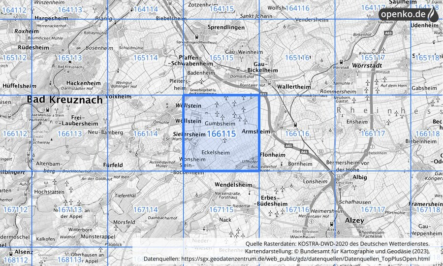 Übersichtskarte des KOSTRA-DWD-2020-Rasterfeldes Nr. 166115