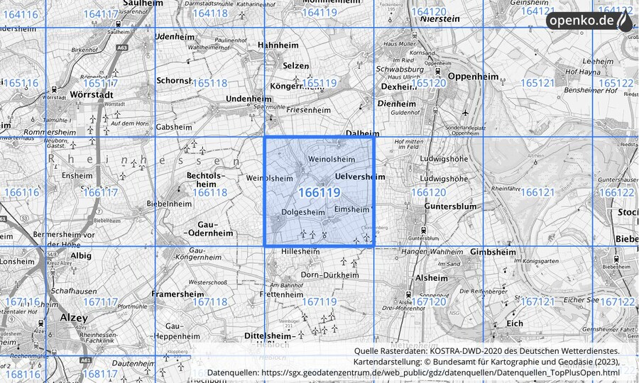 Übersichtskarte des KOSTRA-DWD-2020-Rasterfeldes Nr. 166119