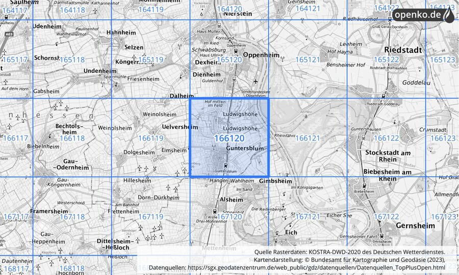 Übersichtskarte des KOSTRA-DWD-2020-Rasterfeldes Nr. 166120