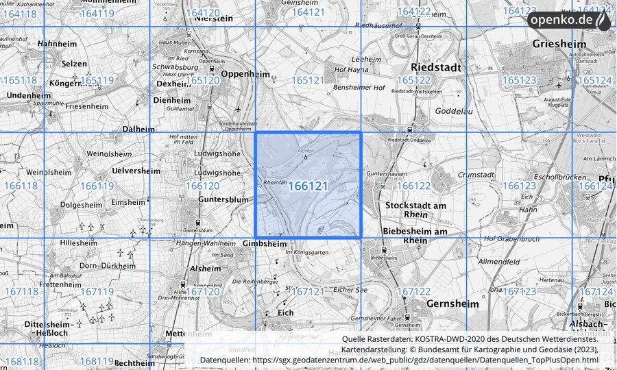 Übersichtskarte des KOSTRA-DWD-2020-Rasterfeldes Nr. 166121