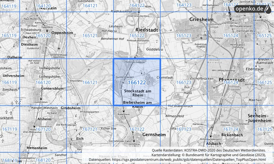 Übersichtskarte des KOSTRA-DWD-2020-Rasterfeldes Nr. 166122