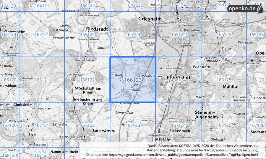 Übersichtskarte des KOSTRA-DWD-2020-Rasterfeldes Nr. 166123