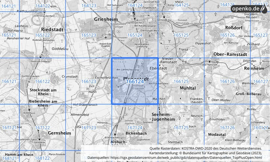 Übersichtskarte des KOSTRA-DWD-2020-Rasterfeldes Nr. 166124