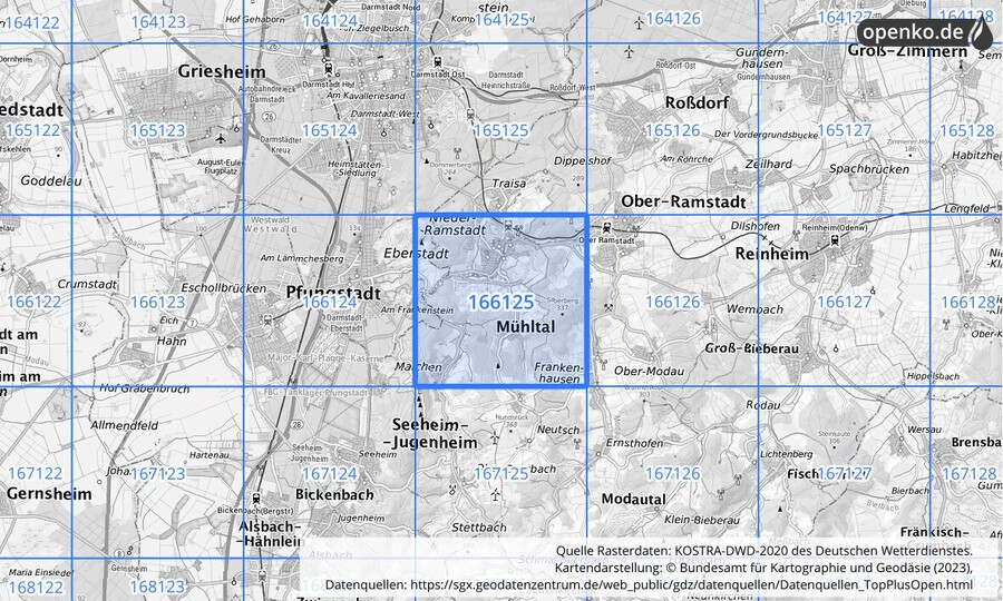 Übersichtskarte des KOSTRA-DWD-2020-Rasterfeldes Nr. 166125