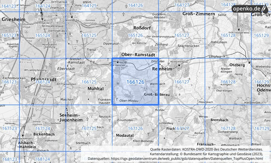 Übersichtskarte des KOSTRA-DWD-2020-Rasterfeldes Nr. 166126