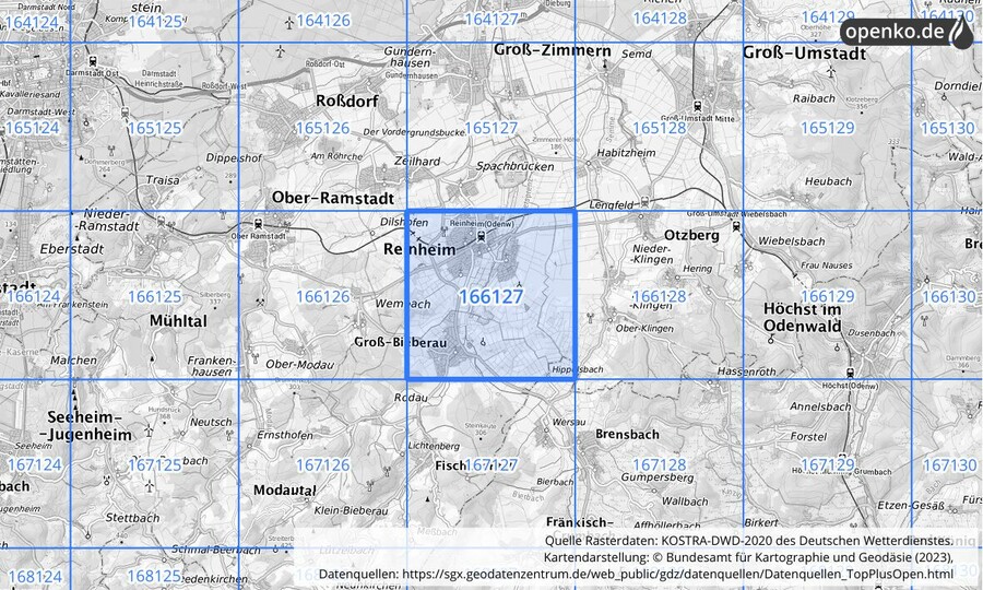 Übersichtskarte des KOSTRA-DWD-2020-Rasterfeldes Nr. 166127