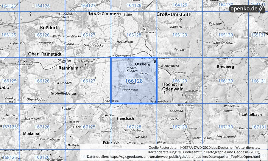 Übersichtskarte des KOSTRA-DWD-2020-Rasterfeldes Nr. 166128