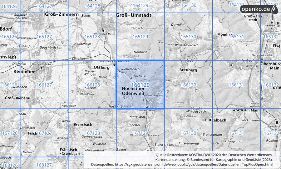 Übersichtskarte des KOSTRA-DWD-2020-Rasterfeldes Nr. 166129