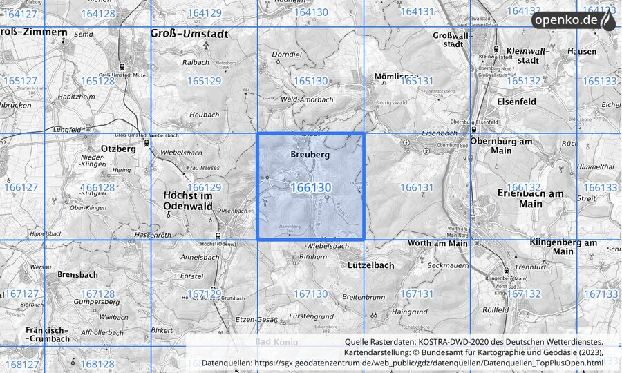 Übersichtskarte des KOSTRA-DWD-2020-Rasterfeldes Nr. 166130
