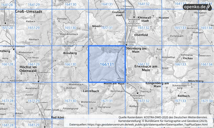 Übersichtskarte des KOSTRA-DWD-2020-Rasterfeldes Nr. 166131