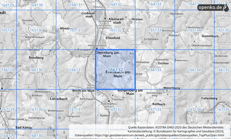 Übersichtskarte des KOSTRA-DWD-2020-Rasterfeldes Nr. 166132