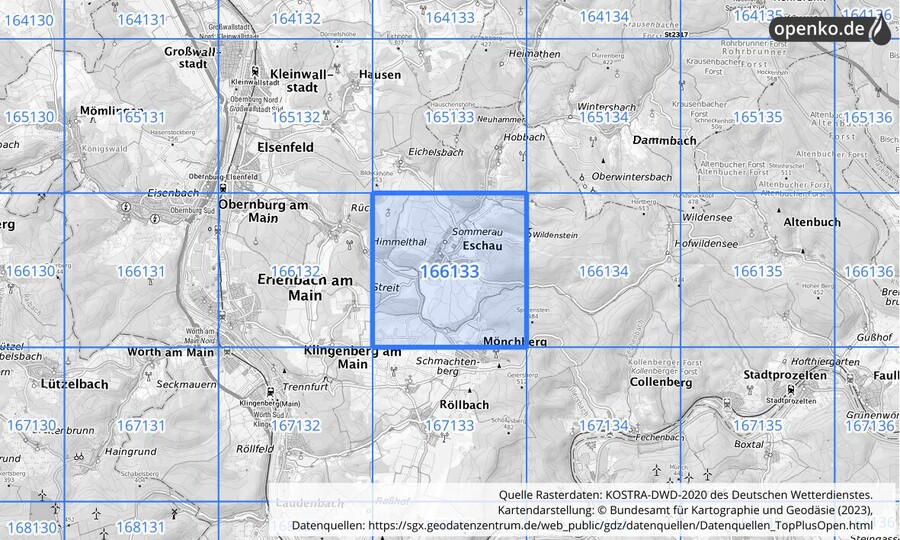 Übersichtskarte des KOSTRA-DWD-2020-Rasterfeldes Nr. 166133
