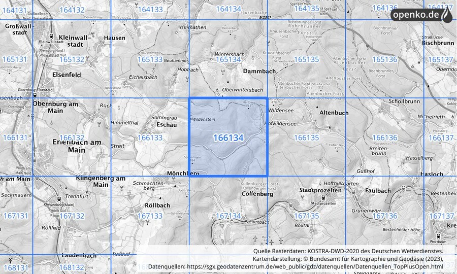 Übersichtskarte des KOSTRA-DWD-2020-Rasterfeldes Nr. 166134