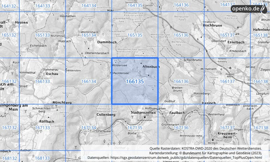 Übersichtskarte des KOSTRA-DWD-2020-Rasterfeldes Nr. 166135